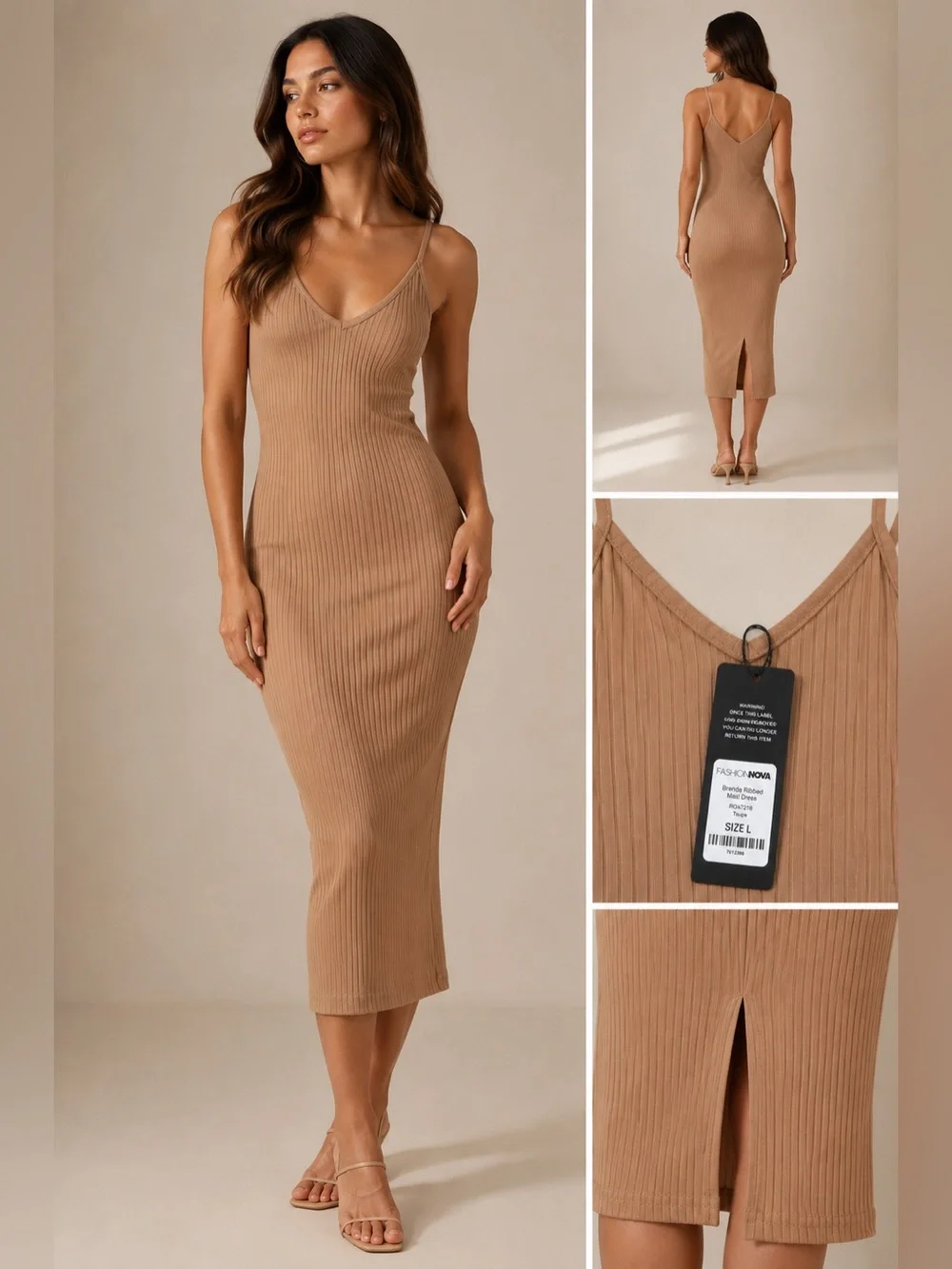 Fashion Nova Ribbed Slip Midi Dress - Camel - Picture 1 of 3